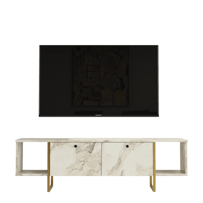 NORDVÄRK Vg30 TV-bord, m. 2 låger og 2 åbne rum - hvid melamin og guld metal (160x40)