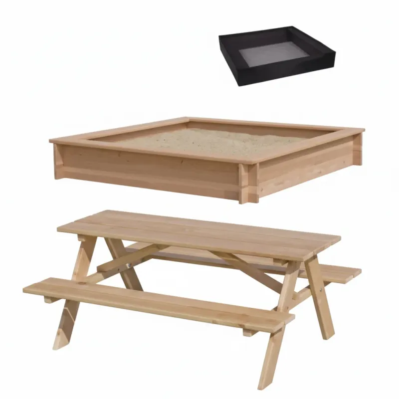 Nordic Play - Komplet sæt sandkasse 150x150 cm og Bord/Bænk i lærk + Net