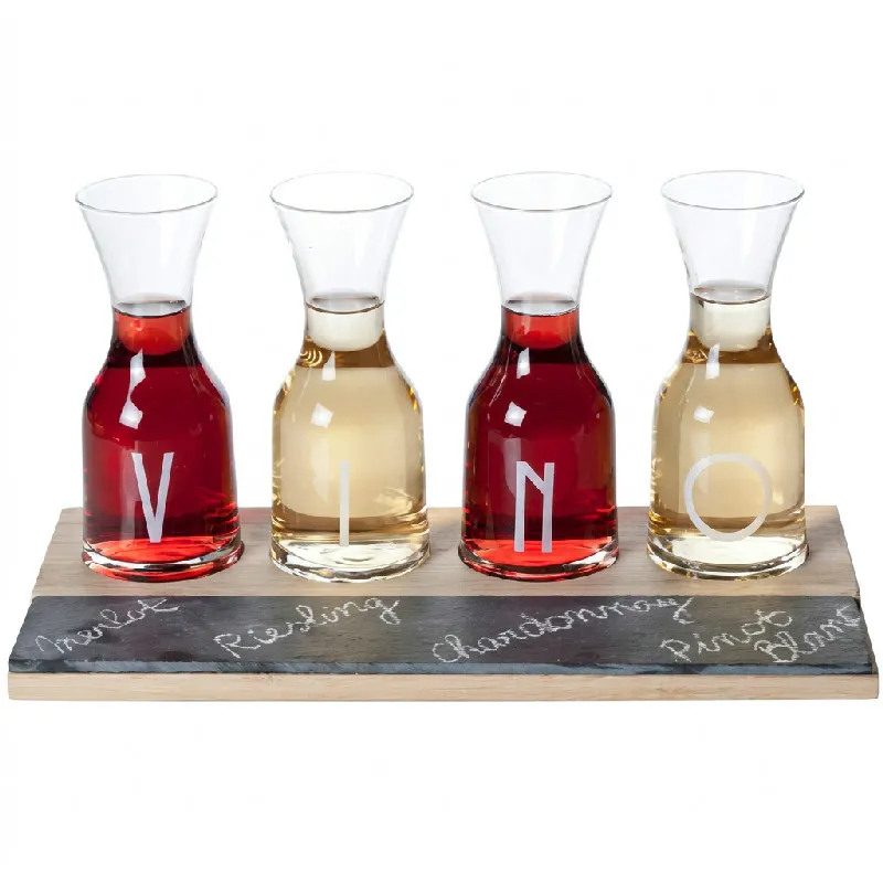 4 Wine Carafes Wood-chalk Slate Tray S5