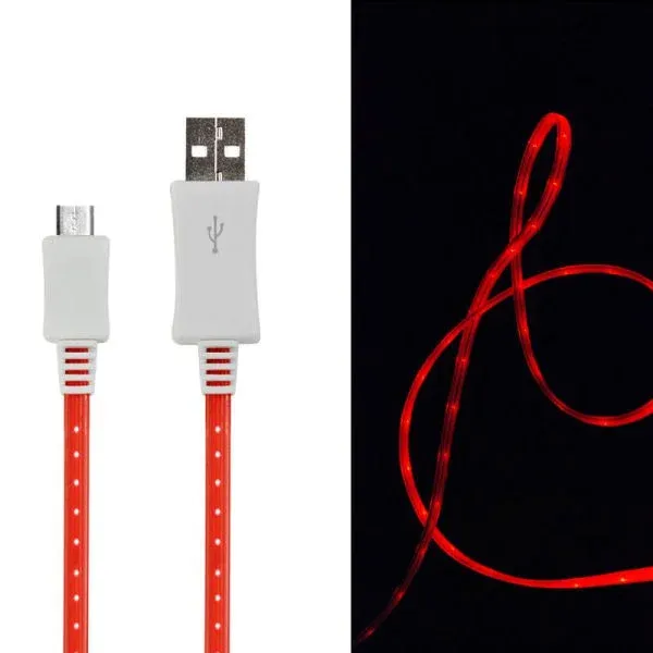 LED lys MICRO-USB / USB Opladekabel. 1 m. Rød.
