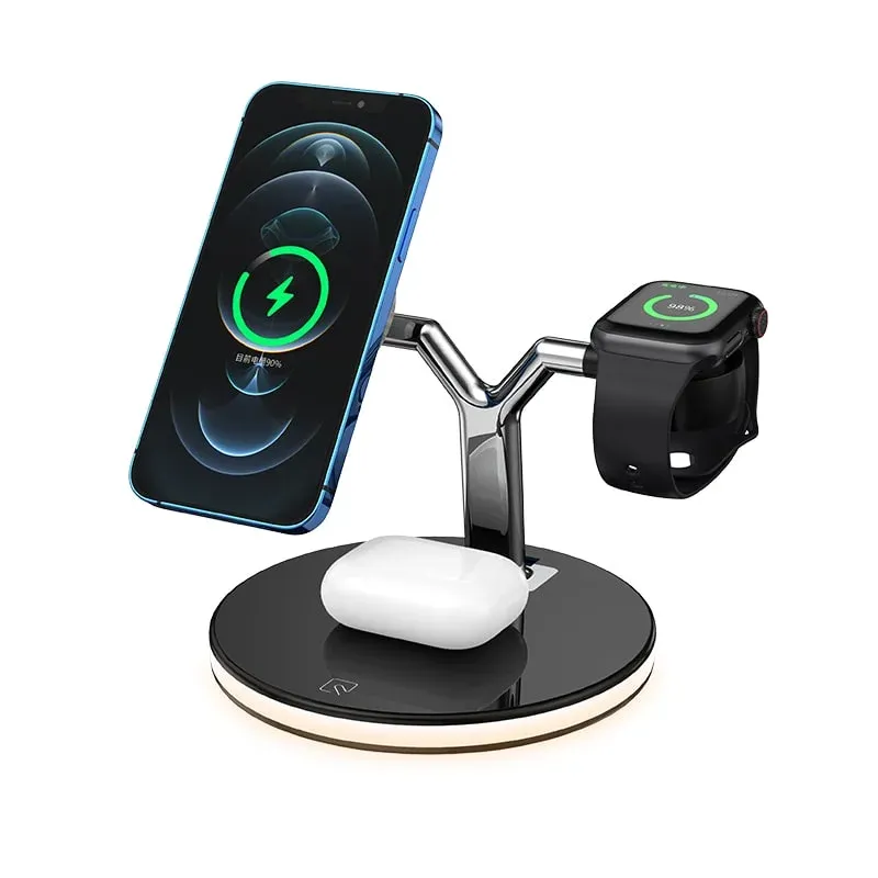 3-i-1 Magnetisk Trådløs Oplader Dock til iPhone, AirPods Pro, Apple Watch mm. 15W. Sort.