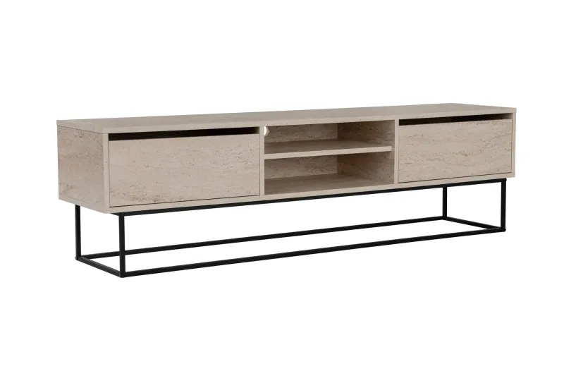 NORDVÄRK Escape 180 TV-bord, m. 1 hylde og 2 skuffer - travertin melamin og sort jern (180x40)