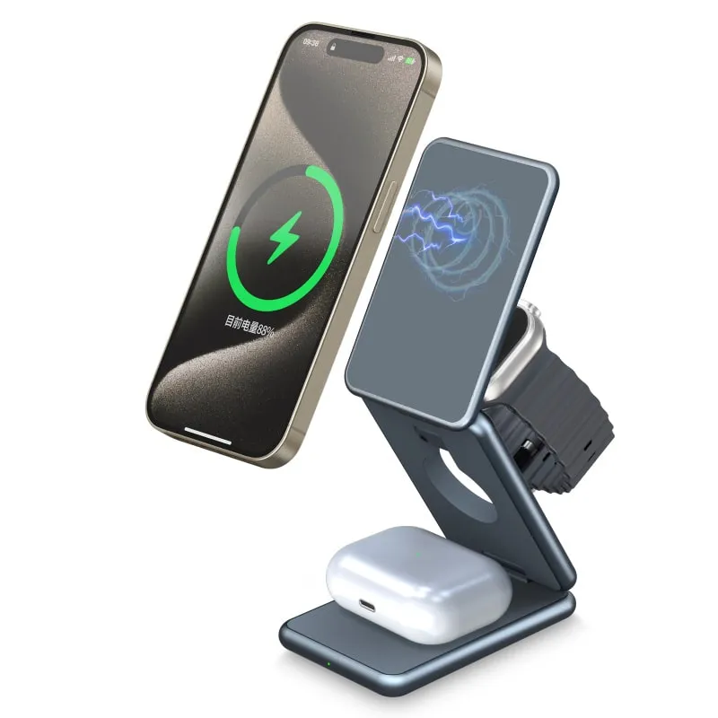 3-i-1 Foldbar Magsafe Trådløs Opladestander. Oplad iPhone, AirPods og Apple Watch samtidigt.