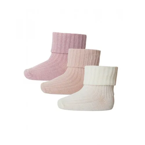 Baby Ankel Strømper I Merino Uld Med Ombuk, 3-pak 22/24 Soft Rose