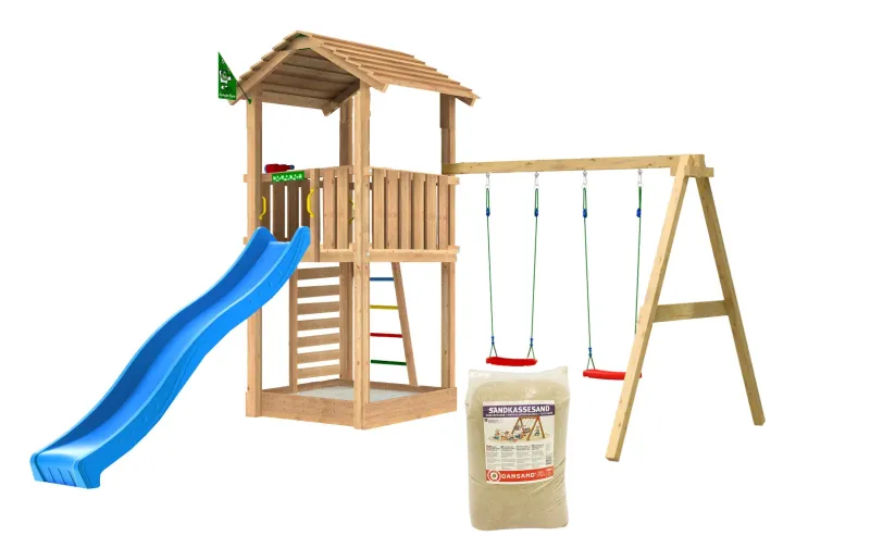 Jungle Gym - Legetårn Jungle Gym Cottage 2.1 m/2-Swing Modul 220, blå rutschebane og 120 kg sand