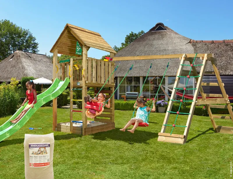 Jungle Gym - Legetårn Jungle Gym Cabin 2.1 w/2-Climb Module 220, grøn rutsjebane og 120 kg sand