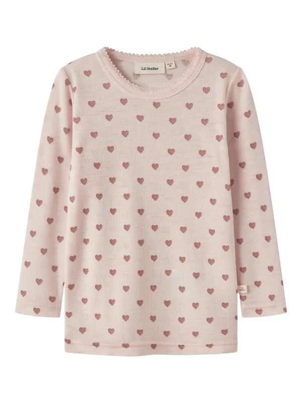Lil Atelier Noel - Nia Wool LS Slim Top - Morganite / Heart - 92 cm