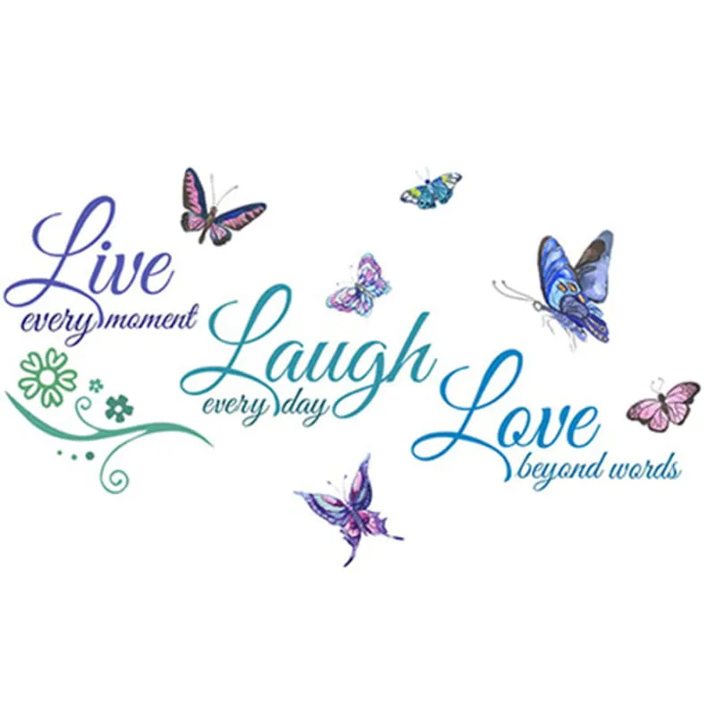 Sød citat wallsticker med sommerfugle. Live every moment, Laugh everyday, Love beyond words