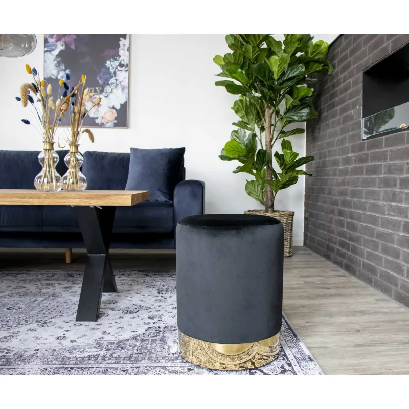 House Nordic - Gamby - Puf, sort velour, Ø34cm,H:43cm