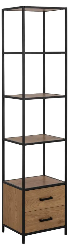 ACT NORDIC Seaford reol, m. 3 hylder og 2 skuffer - natur vild eg papir og sort metal(H:185cm x42cm x 35cm)