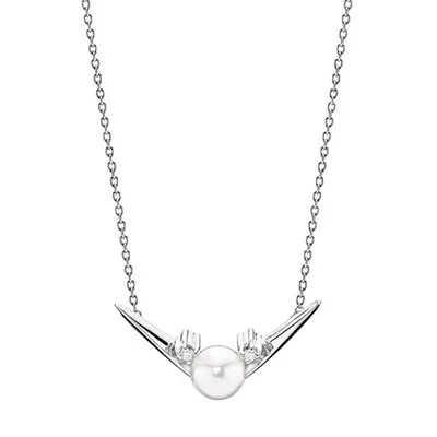 Collier i Hvidguld med Kulturperle og Diamanter - 0,05 ct.