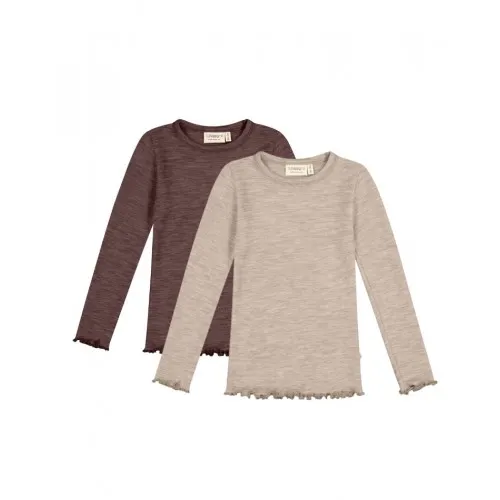 T-shirt Med Lange Ærmer I 100% Merino Uld, Oeko-tex®, 2-pak 86/92 Beige/plum Melange