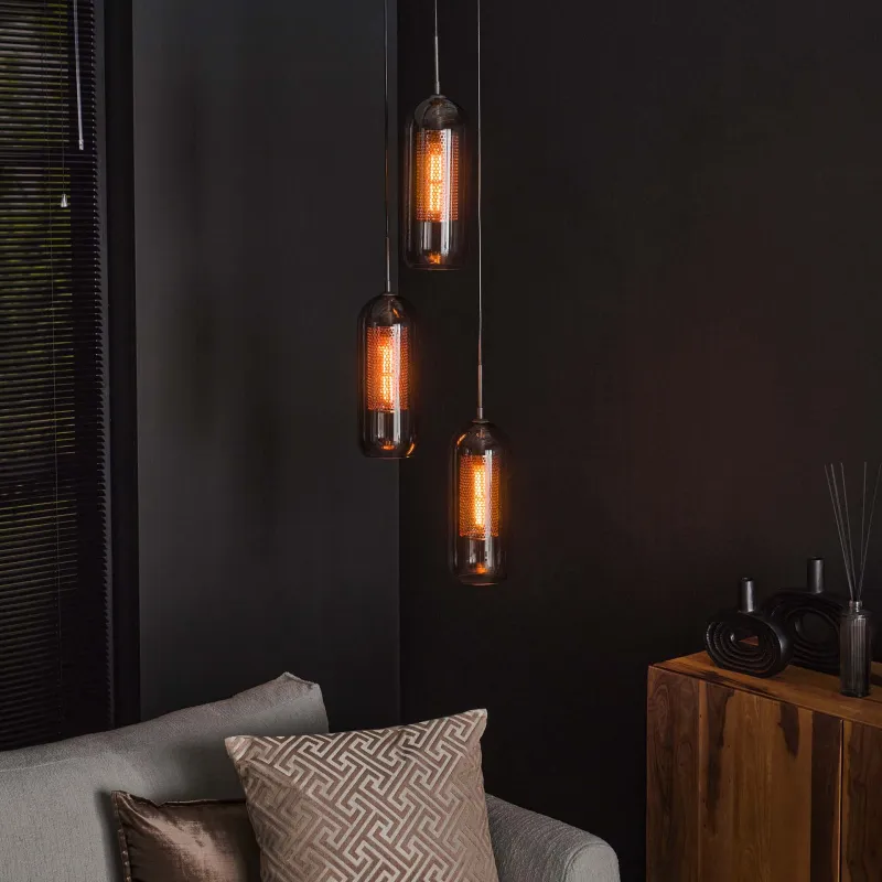 Big-Smoke - Loftlampe med tre skærme i mundblæst røget glas Levering