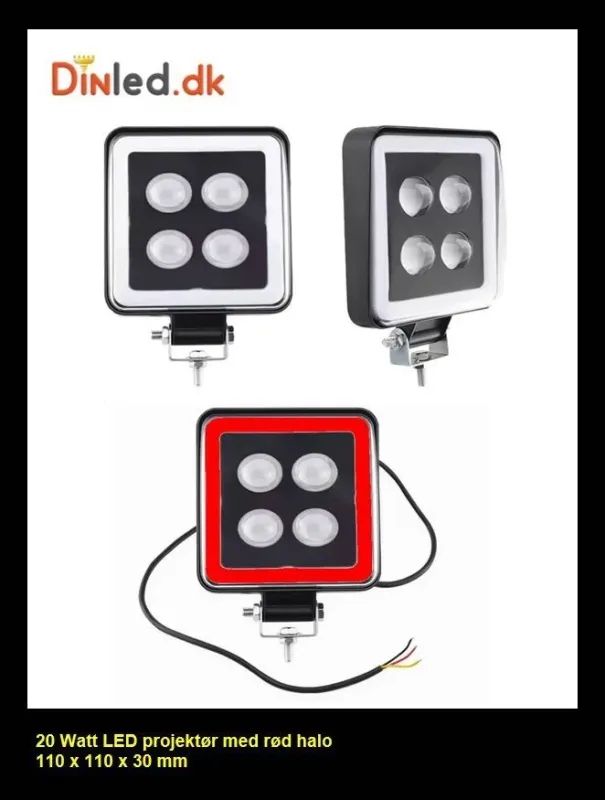 UDSALG - LED køretøjs projektør 20 watt 12-24v med rød halo - Dinled - Køretøjs projektører