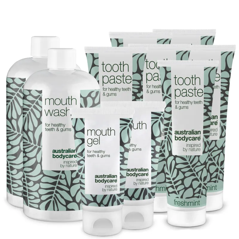 XL Mundpakken med Tea Tree Oil mundprodukter â 10 mundprodukter til pleje ved paradentose, svamp og blødende tandkød