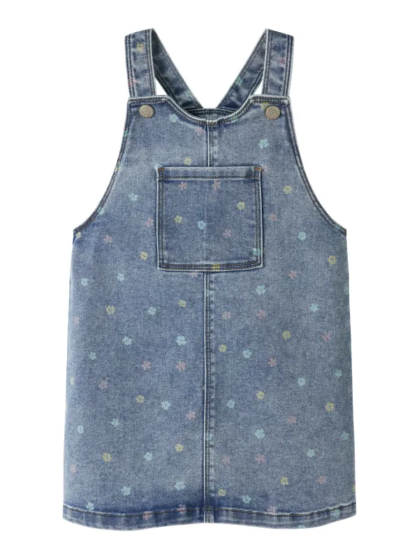 Name It Rosa Short Denim Bibskirt NOOS - Medium Blue Denim/Flower - 80 cm