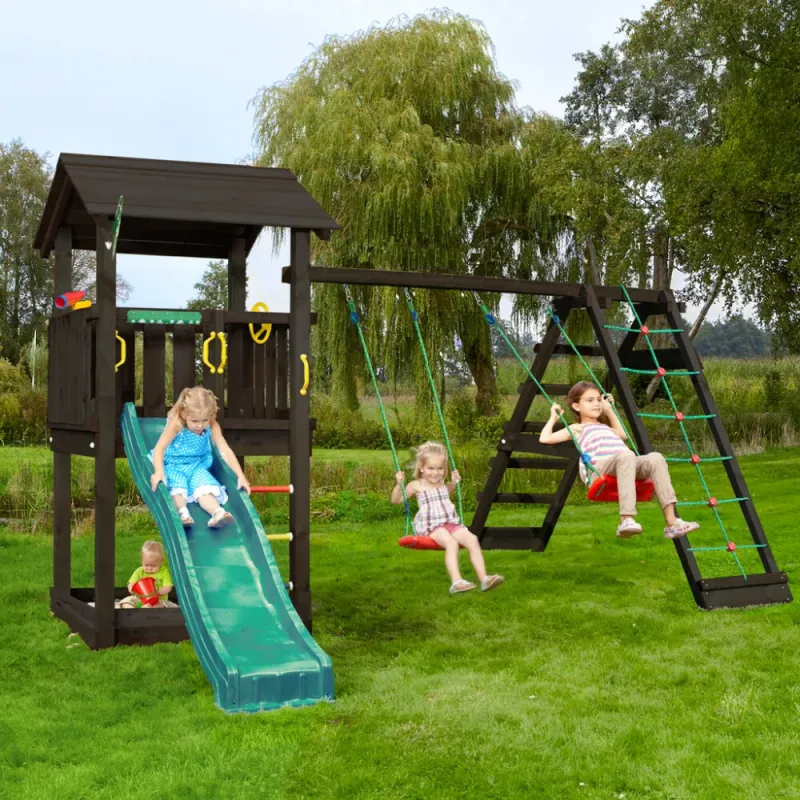 Jungle Gym - Casa 2.1 Legetårn Sort Grundmalet 2-Climb Module Klatrevæg Rutschebane
