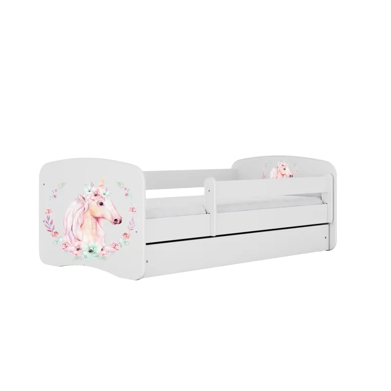 Babydreams juniorseng med hest, m. madras, sengehest og skuffe - hvid laminat (140x70)