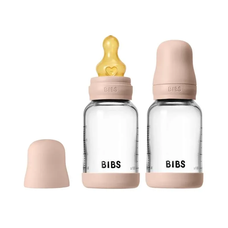 BIBS Bottle - Sutteflaskesæt - Glas - 2-pak - Naturgummi/Slow Flow/Rund - 120ml - Blush