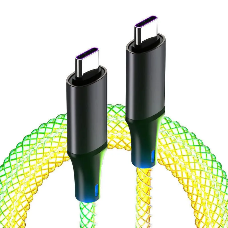 USB-C til USB-C Kabel med LED Lys. Farveskift i mange farver. 1 m.