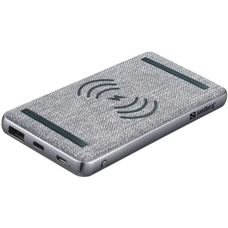 Sandberg Powerbank 10000 PD20W+Wireless. Trådløs oplader og Powerbank. 10.000mAh. Grå