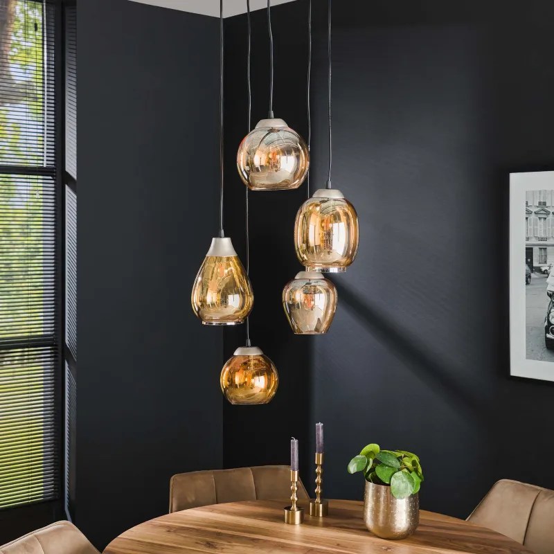 Player - Loftlampe med fem forskellige ravfarvede glaskupler Levering