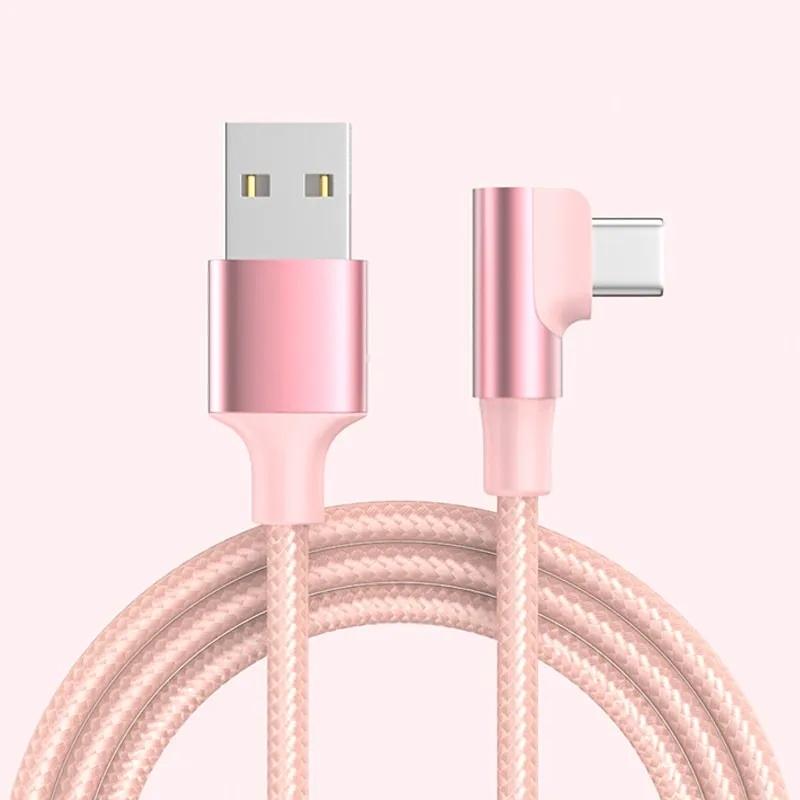 USB-C til USB-A Kabel  -  Flettet, USB-C Stik Vinklet 90° Opladnings- og Datakabel 1m (Lyserød)