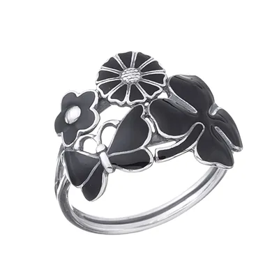 Ring i oxyderet Sølv med mix af sorte Blomster, Kløver og Sommerfugl