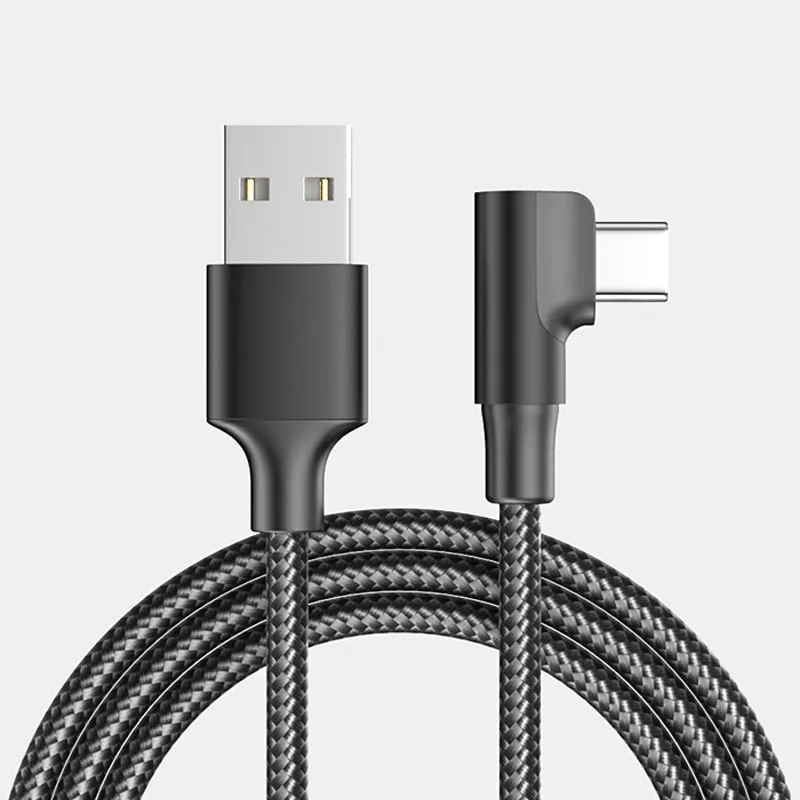 USB-C til USB-A Kabel  -  Flettet, USB-C Stik Vinklet 90° Opladnings- og Datakabel 1m (Sort)
