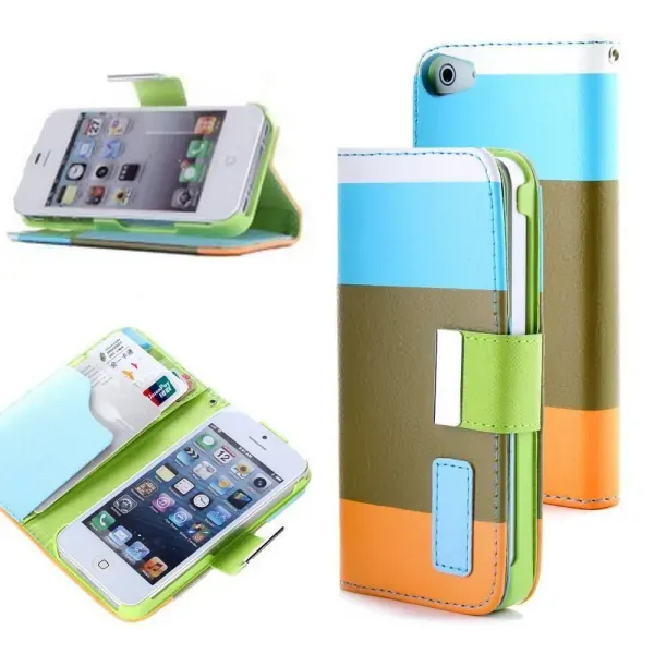 Læder cover m kreditkortholder til iPhone 4/4S.Blå/Khaki/Orange.