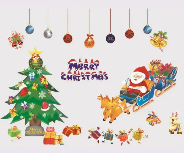 Merry Christmas Jule wallsticker. Julemand, juletræ, pynt mm.