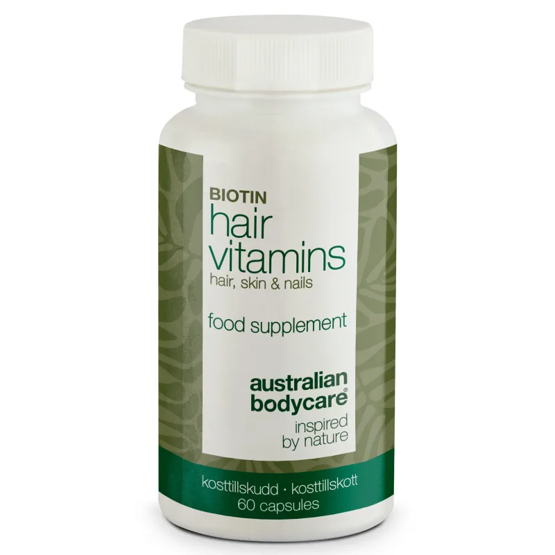 Hårvitaminer med Biotin â Vitaminer med højt indhold af biotin, som bidrager til at vedligeholde et normalt hår.