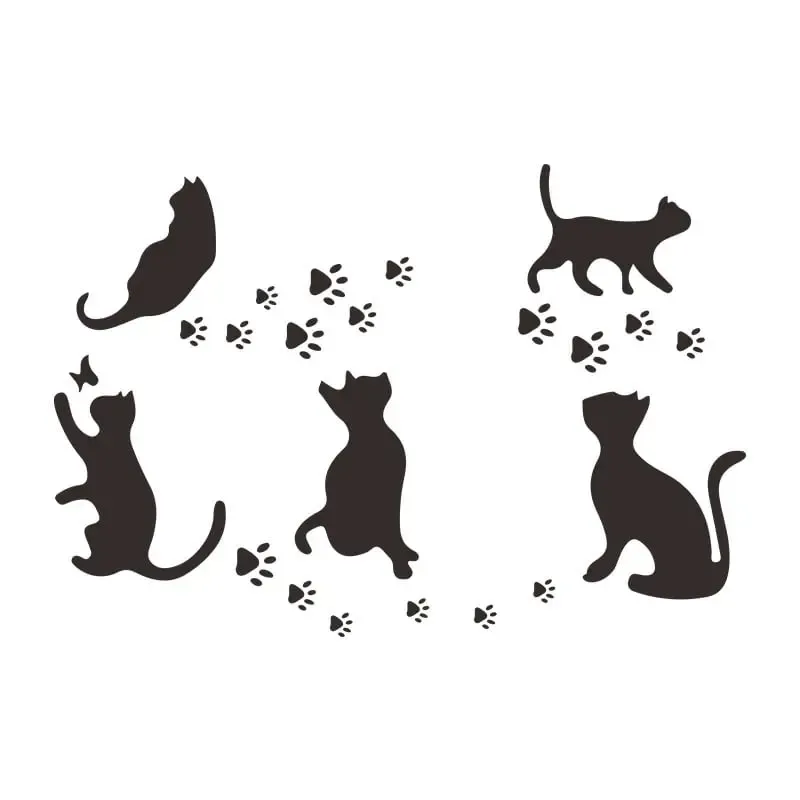 Katte wallsticker. 5 søde katte i silhuet der laver fodspor på din væg.