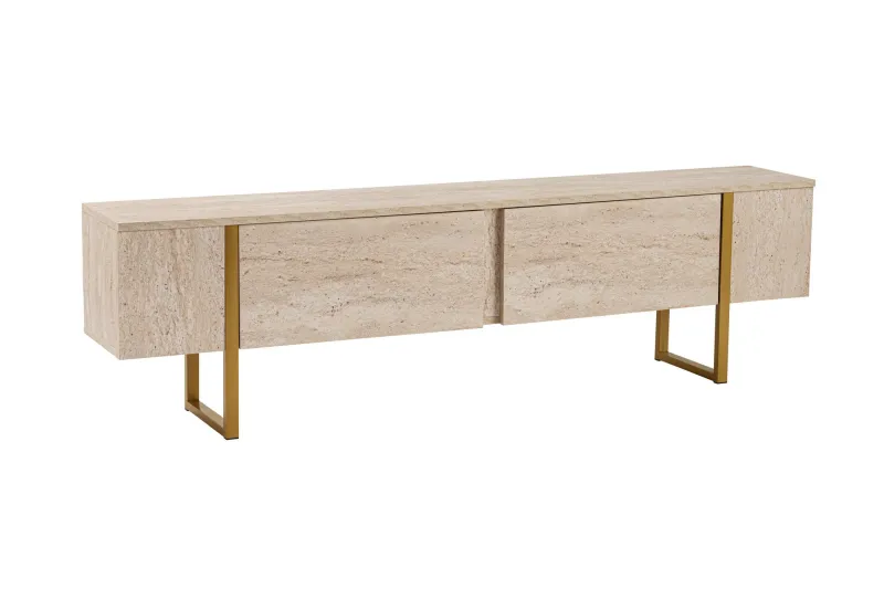 NORDVÄRK Serenity TV-bord, m. 2 låger - travertin melamin og guld (180x29,5)