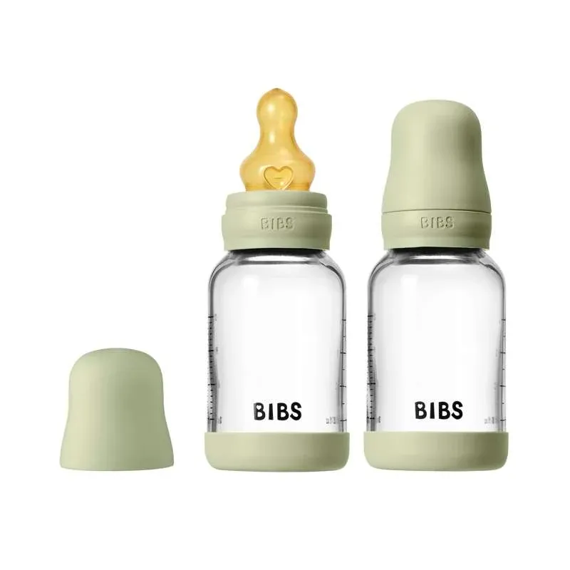 BIBS Bottle - Sutteflaskesæt - Glas - 2-pak - Naturgummi/Slow Flow/Rund - 120ml - Sage