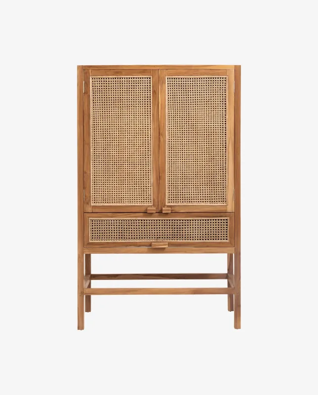 Nordal - MERGE skab, natur med rattan  -  B100 × D50 × H160 cm